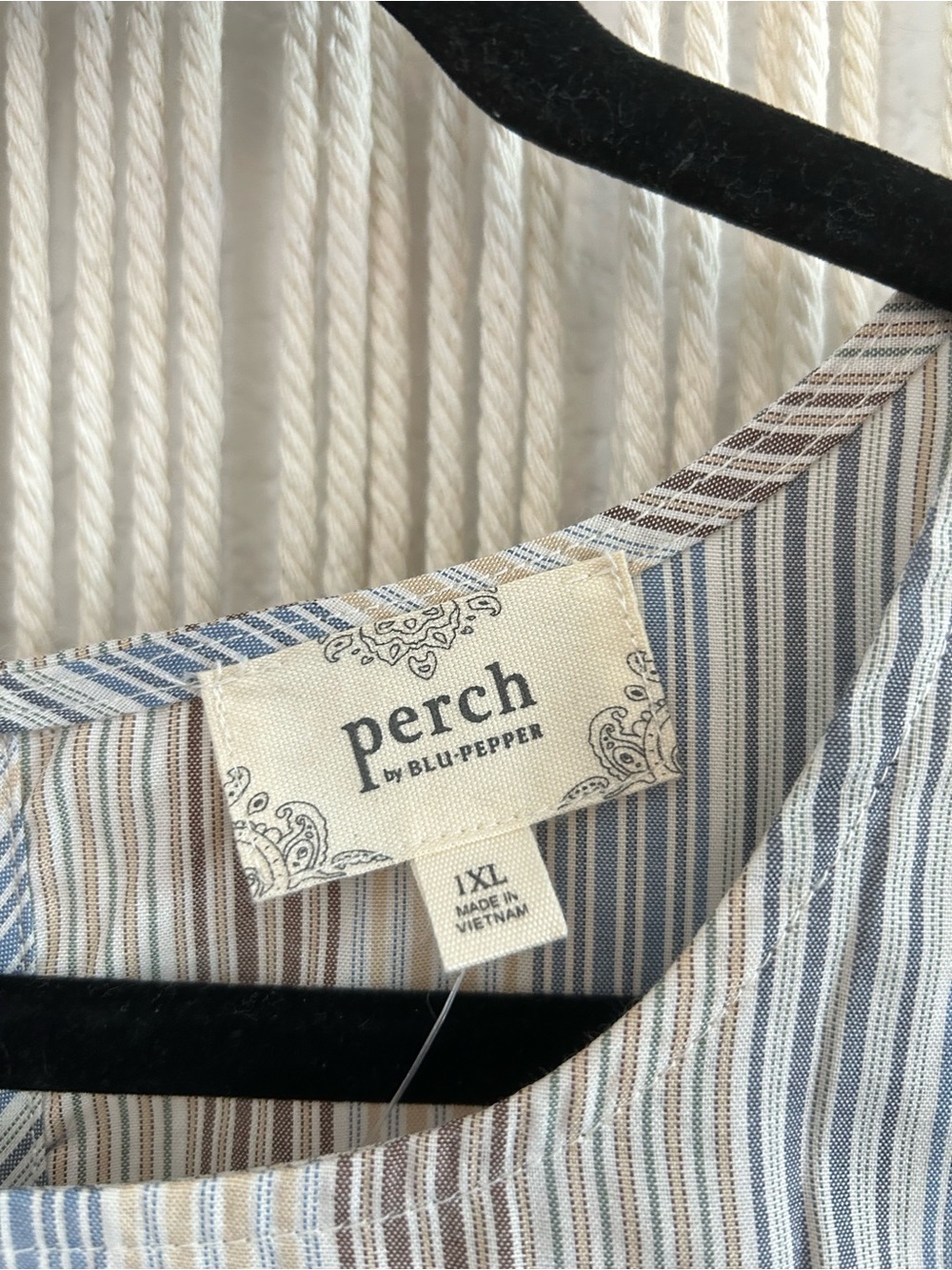 PERCH Striped Tiered Flutter Sleeve Mini Dress Blue & Taupe Flowy Babydoll Dress - Picture 8 of 16